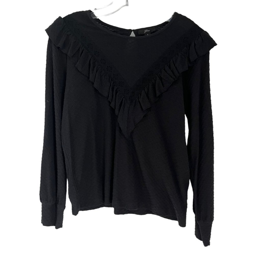 J. Crew Black Honeycomb Knit Ruffle Trim Cotton Blend Long Sleeve Top Small S
